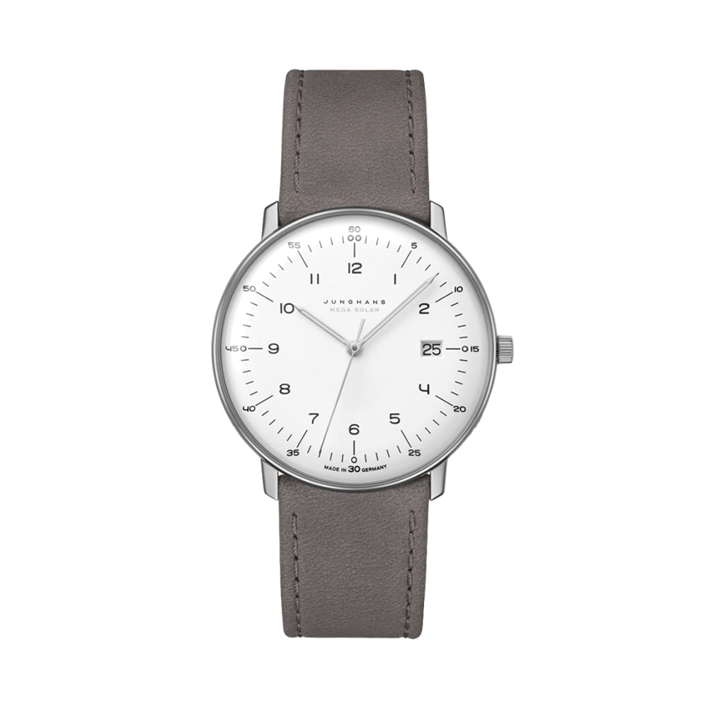 Max Bill MEGA Solar Titanium 38mm - White on Leather Strap | Teddy