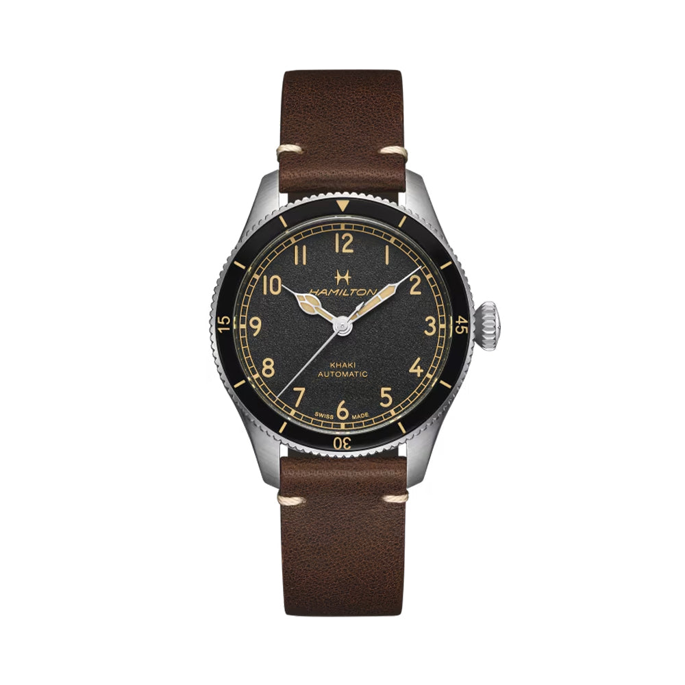 Khaki Aviation Pilot Pioneer 38mm - Black on Leather Strap | Teddy