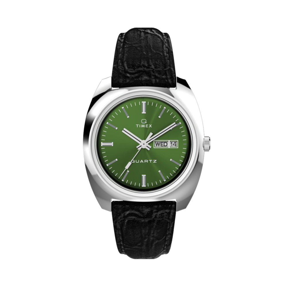 Q Timex 1978 Day/Date 37mm - Green on Leather Strap | Teddy