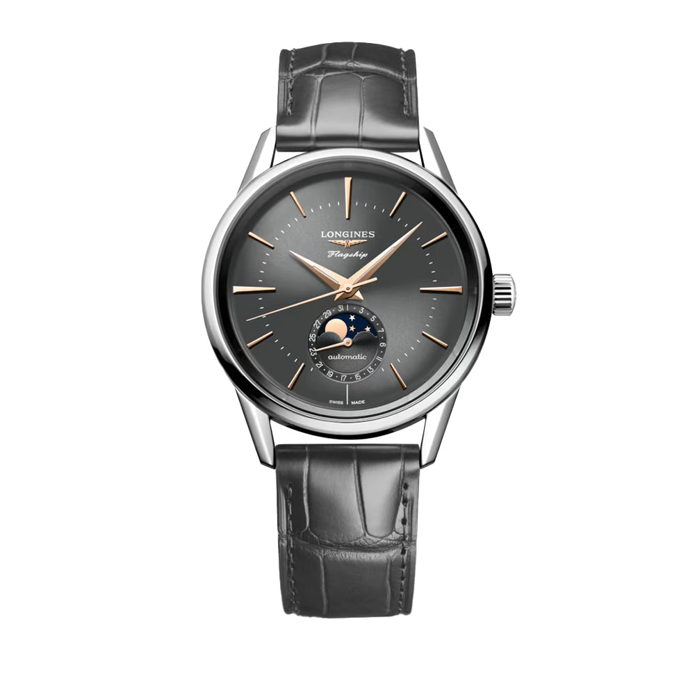 LONGINES デイト Flagship Heritage Moonphase 38.5mm - Sunray Anthracite on Leather