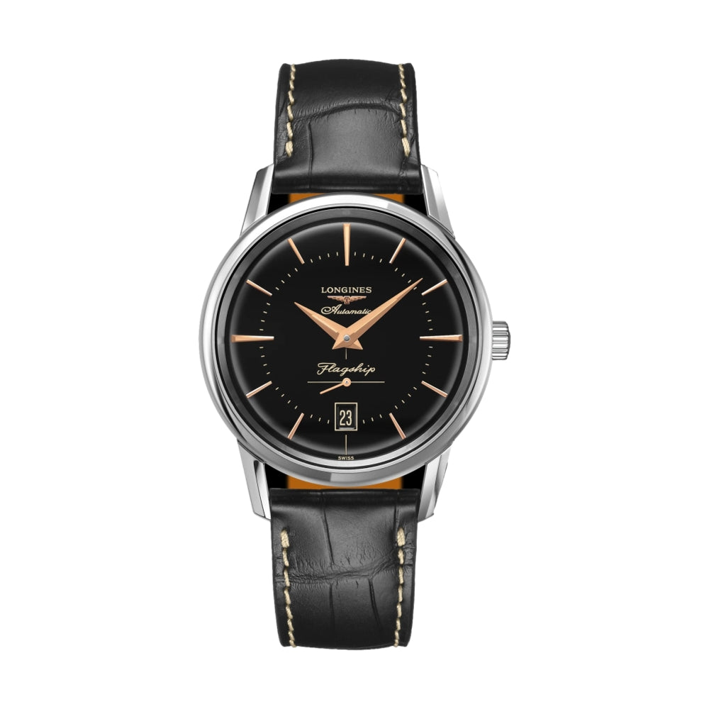 Flagship Heritage 38.5mm - Black on Leather Strap | Teddy Baldassarre