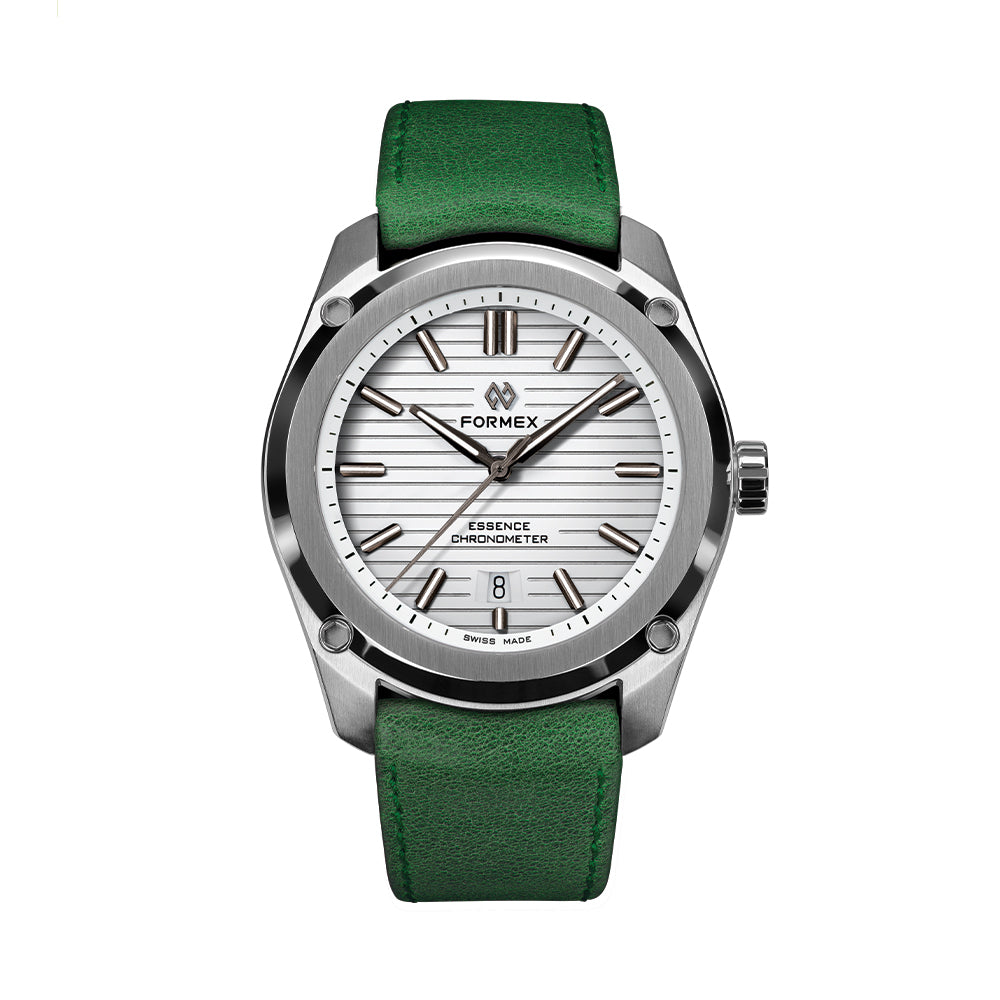 Essence 41mm watch with white dial and green leather strap