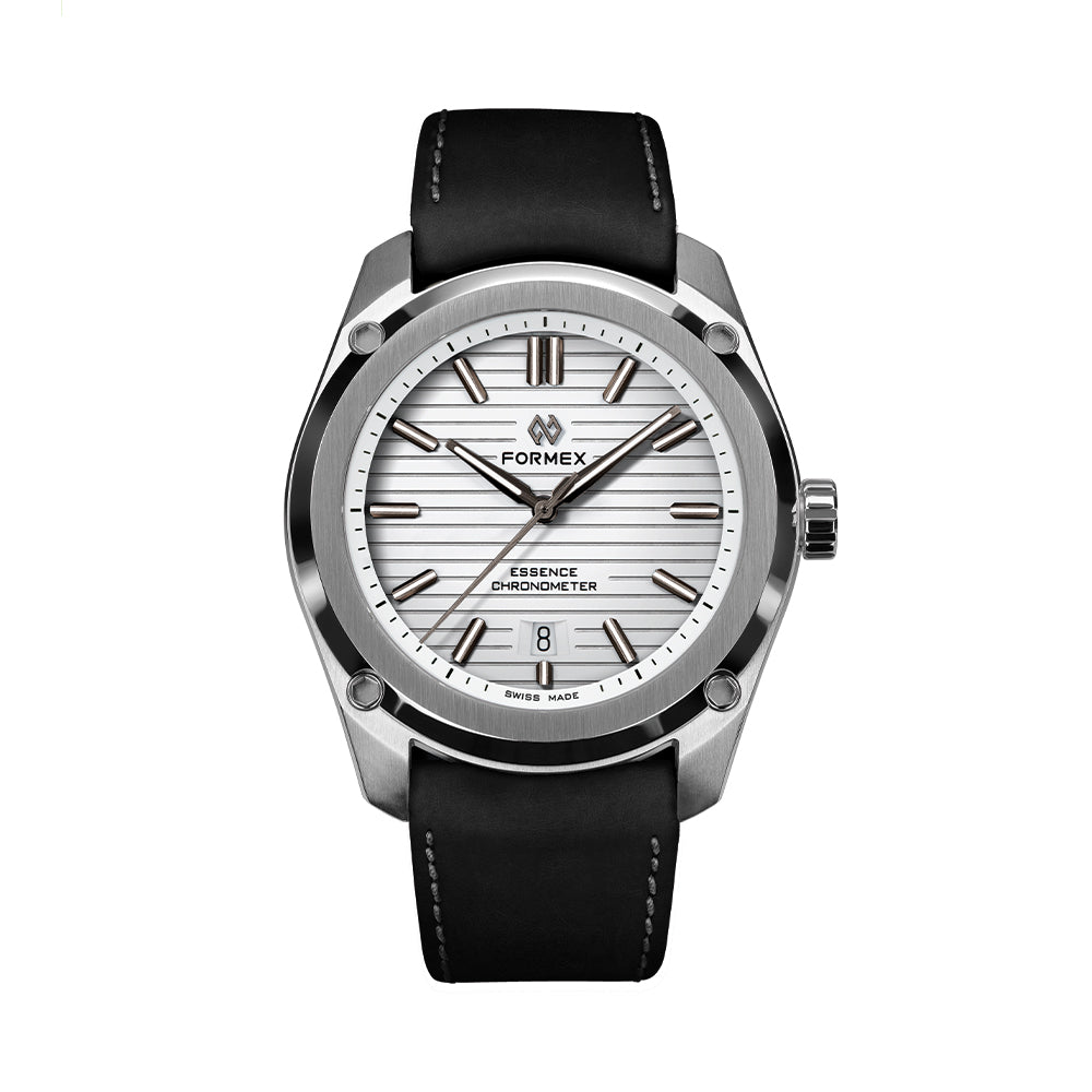 Essence 41mm watch with white dial and black leather strap