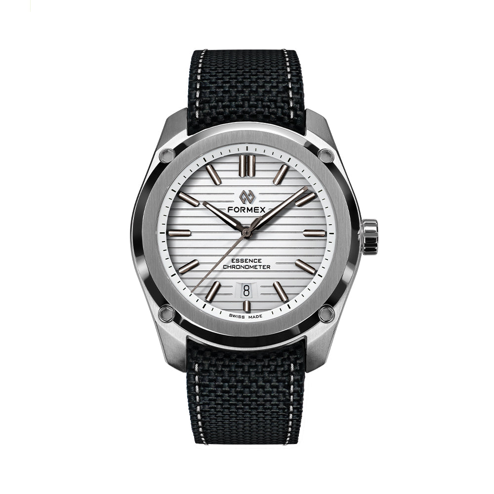 Essence 41mm white dial watch with black fabric strap