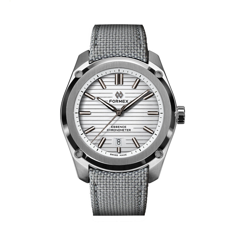 Essence 41mm white dial watch with gray woven strap