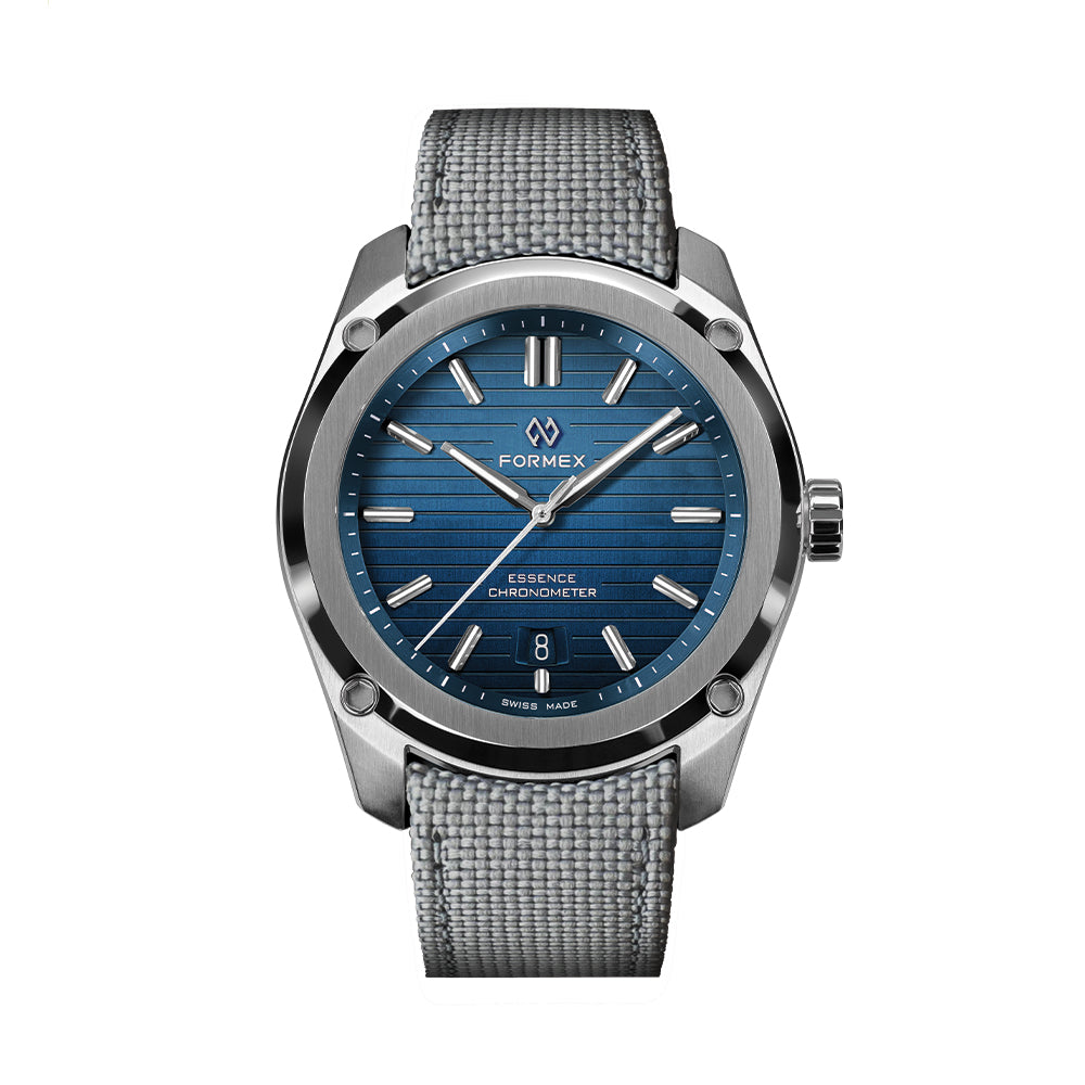 Essence 41mm blue dial watch with light gray fabric strap and stainless steel case