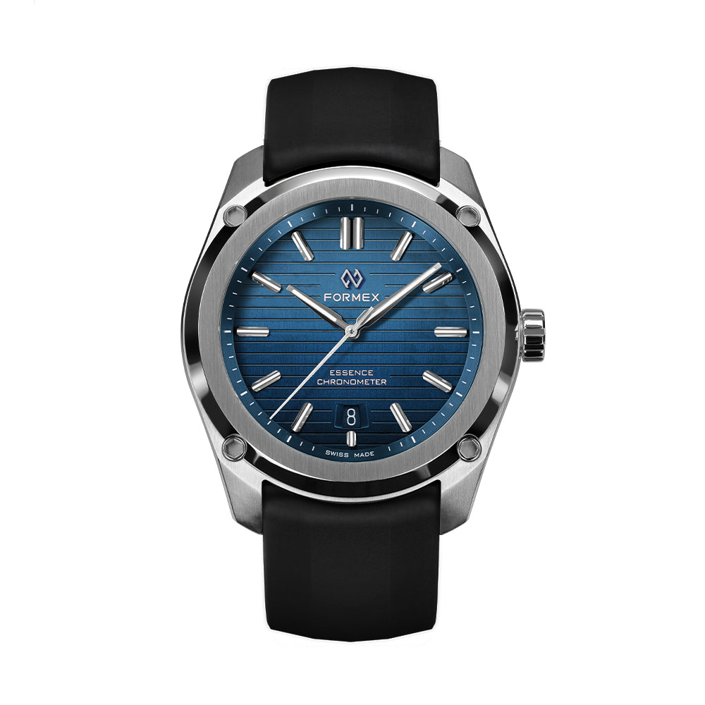 Essence 41mm blue dial watch with stainless steel case and black strap