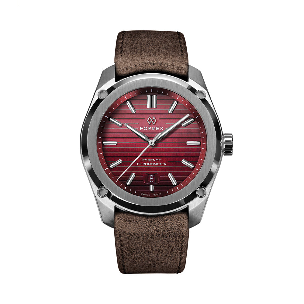 Formex Essence 41mm Gamaret Red watch with brown leather strap and stainless steel case