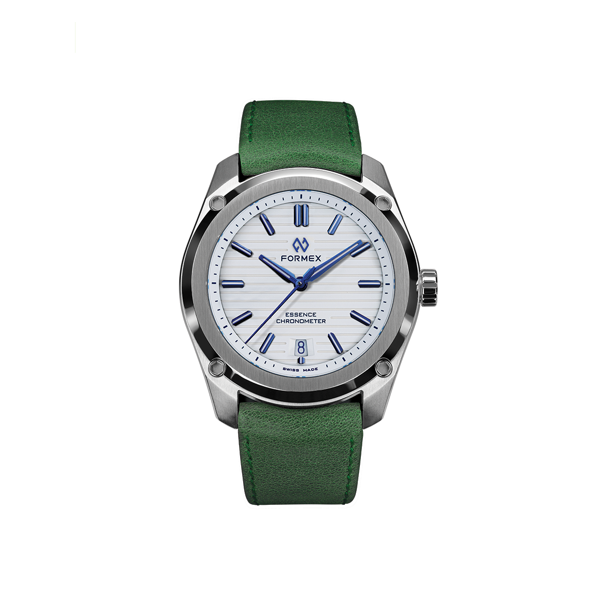 Essence Automatic COSC 39mm watch with Alpine White dial and blue indices on a green leather strap