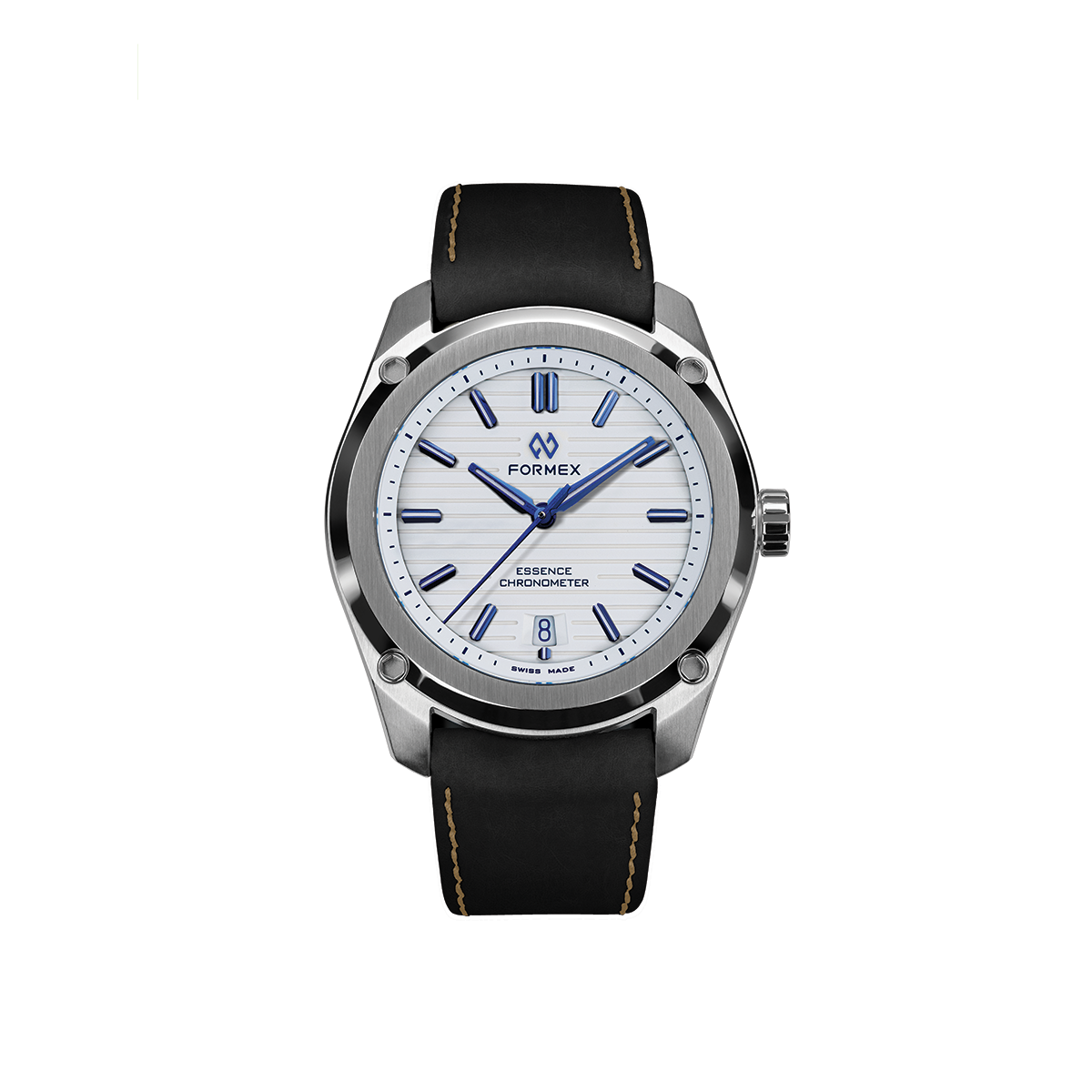 Essence Automatic COSC 39mm watch with Alpine White dial and blue indices on a black leather strap