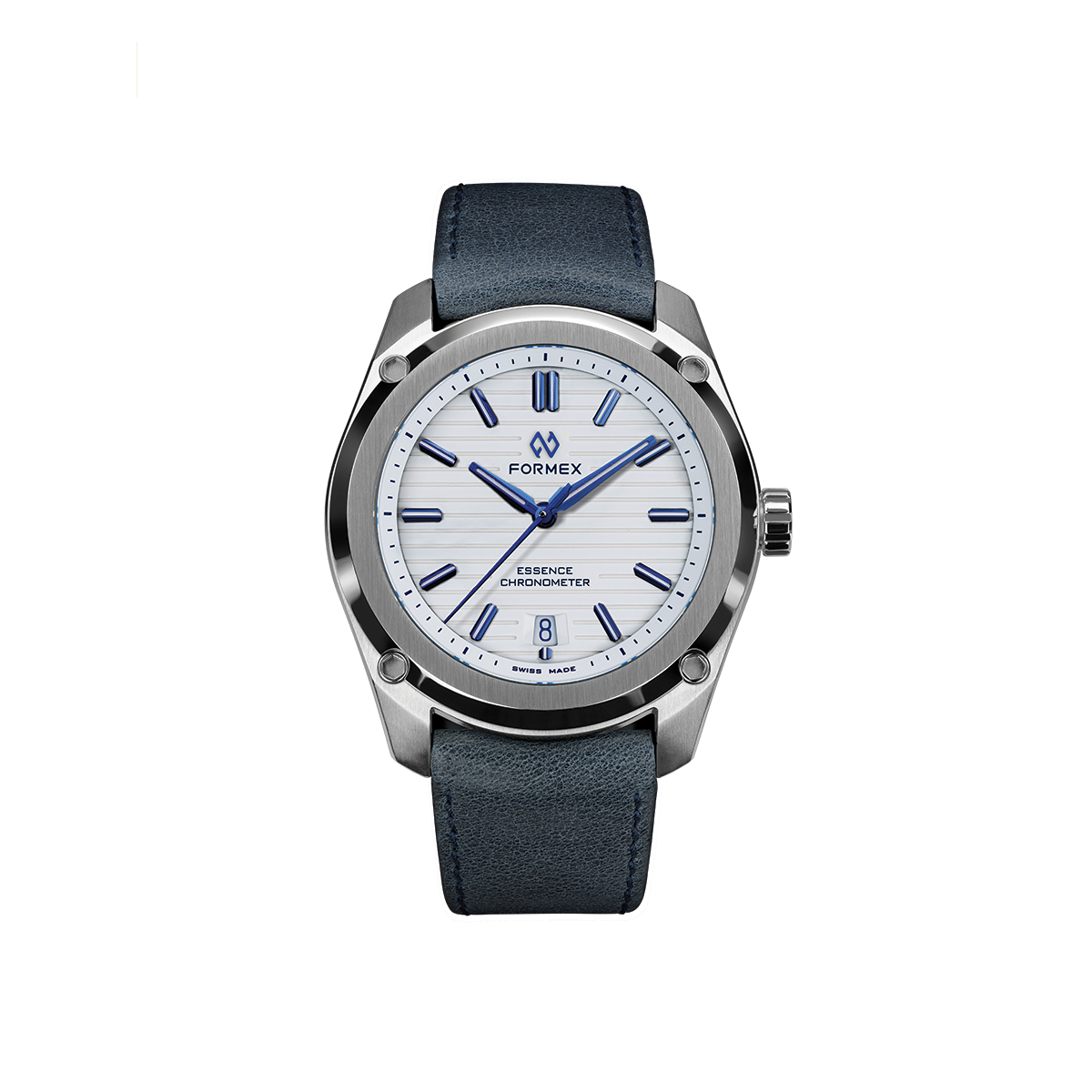 Formex Essence Automatic COSC 39mm Alpine White watch with blue leather strap.