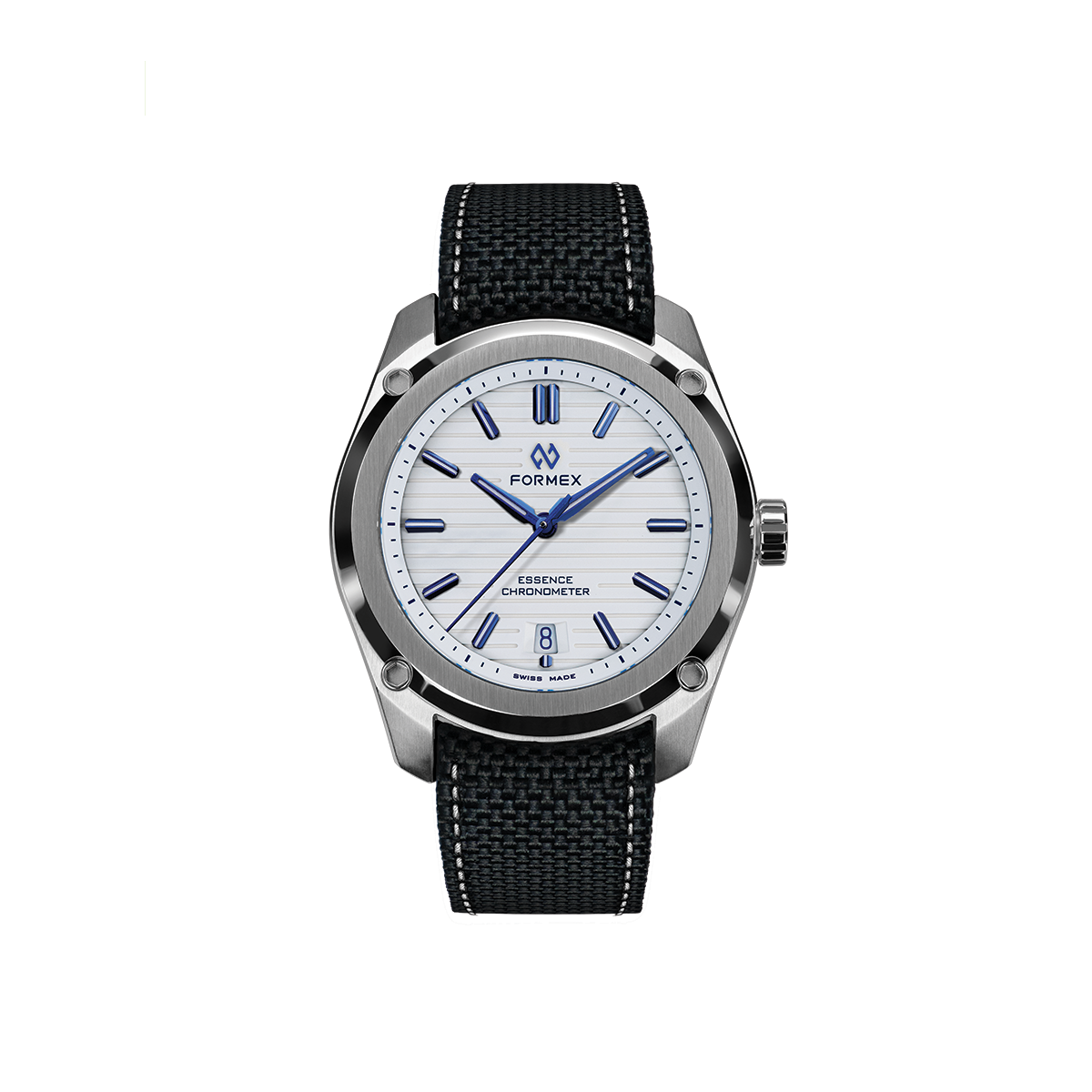 Essence Automatic COSC 39mm Alpine White watch with a black woven strap and white contrast stitching.