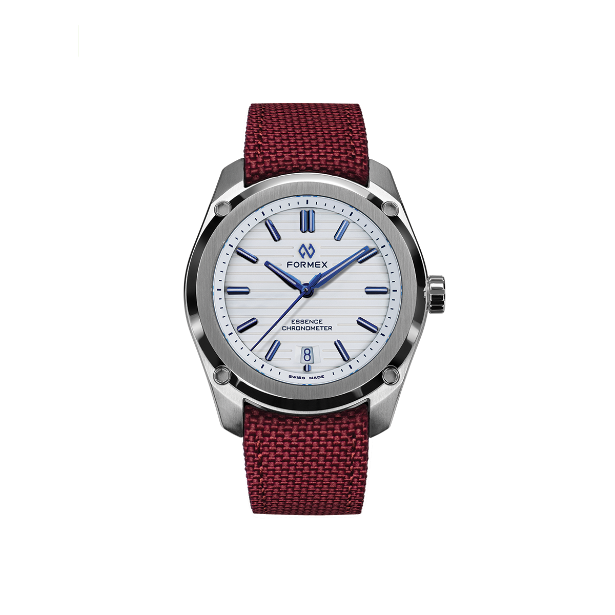 Formex Essence Automatic COSC 39mm stainless steel watch with a white dial and burgundy woven strap.