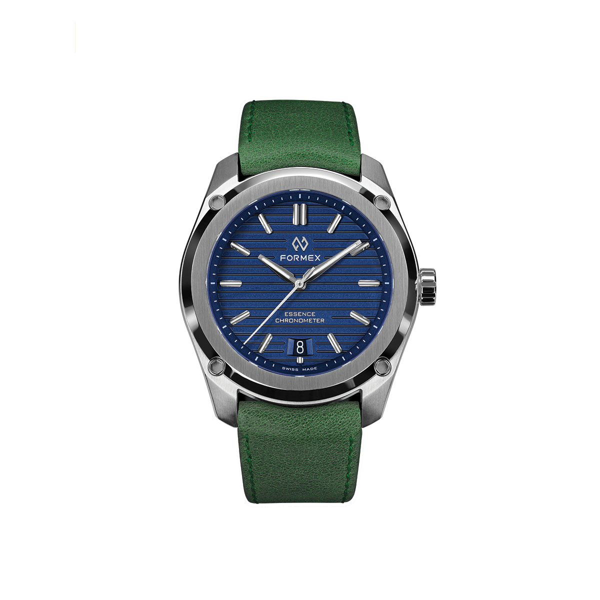 Formex Essence Automatic COSC 39mm watch with blue dial and green leather strap