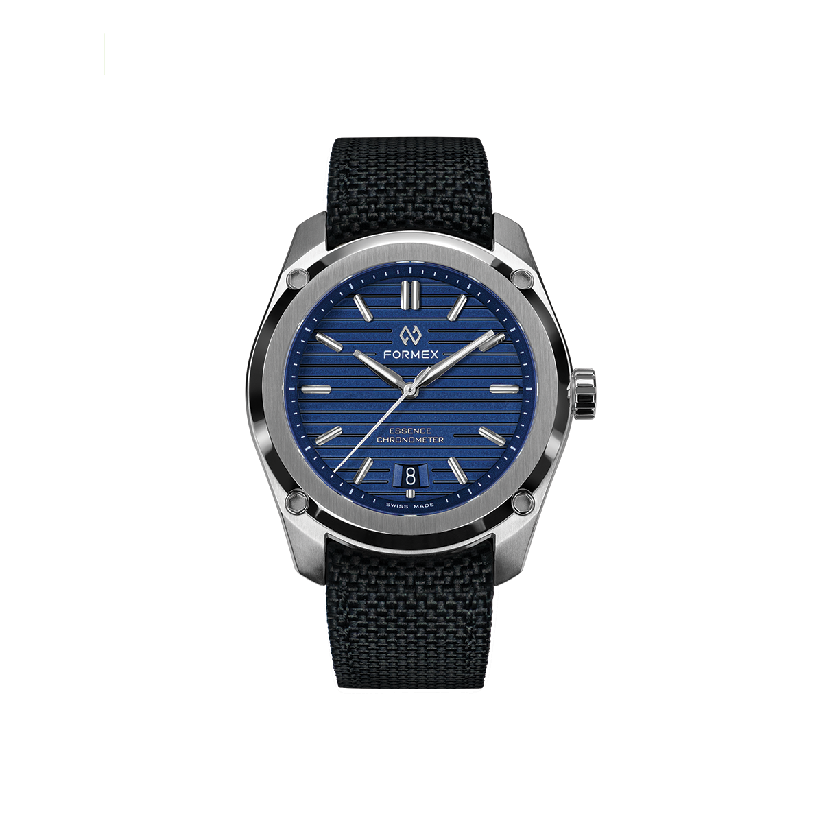 Front view of Essence Automatic COSC 39mm blue dial watch with black woven strap