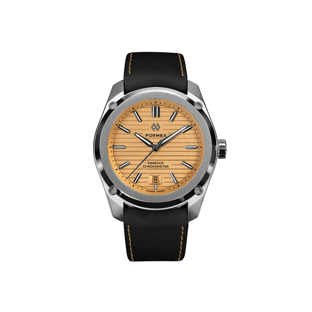 Essence Automatic COSC 39mm Radiant Bronze watch with black leather strap and tan stitching
