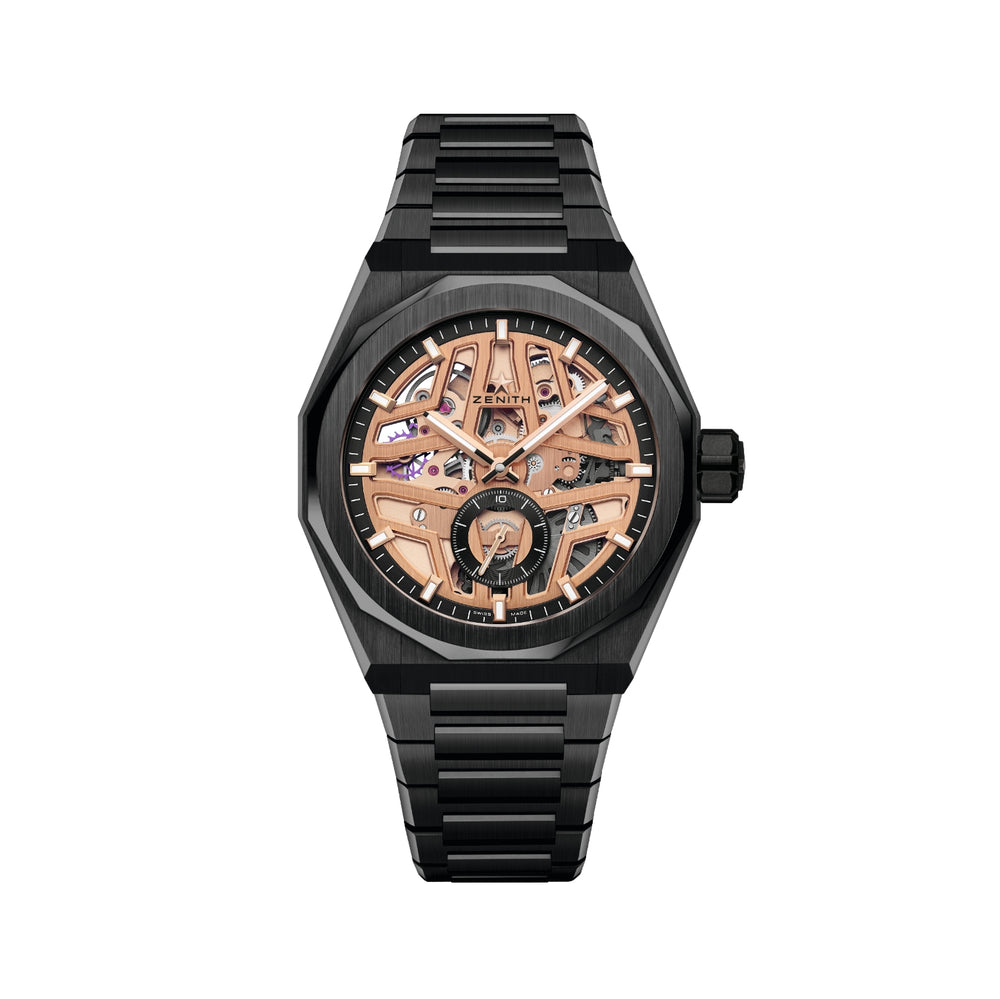 Defy Skyline Skeleton Ceramic 41mm - Gold-Toned on Bracelet w/ Extra Rubber Strap