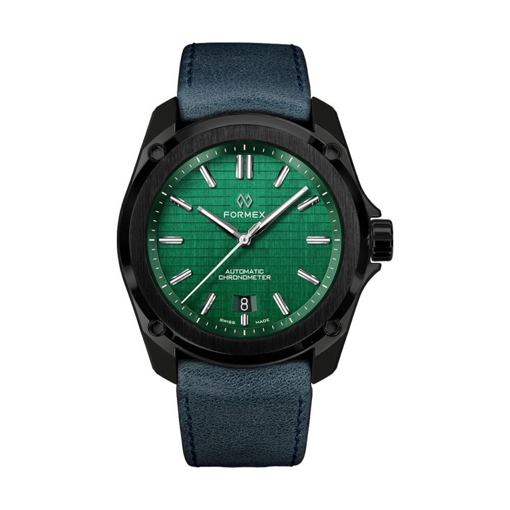 Formex Essence Leggera green dial chronometer on blue leather strap.