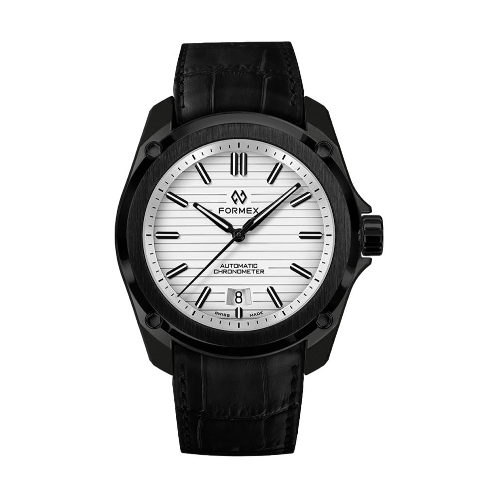 Formex Essence Leggera 41mm Artic White automatic chronometer with a black case and black leather strap