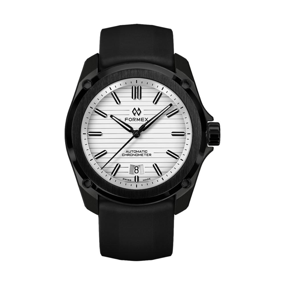 Formex Essence Leggera 41mm Artic White automatic chronometer with a black case and black strap
