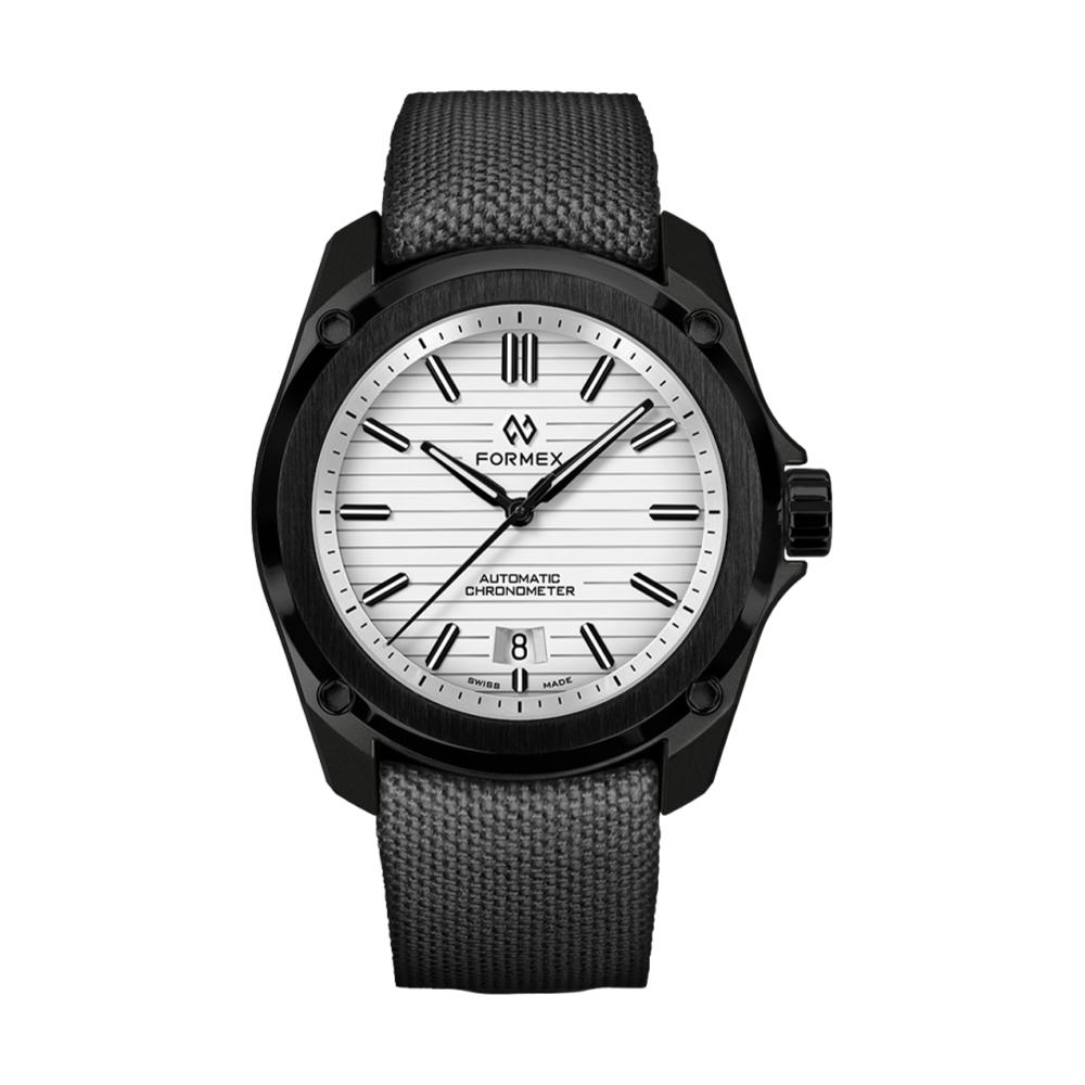 Formex Essence Leggera 41mm Artic White automatic chronometer with white dial and dark gray woven strap