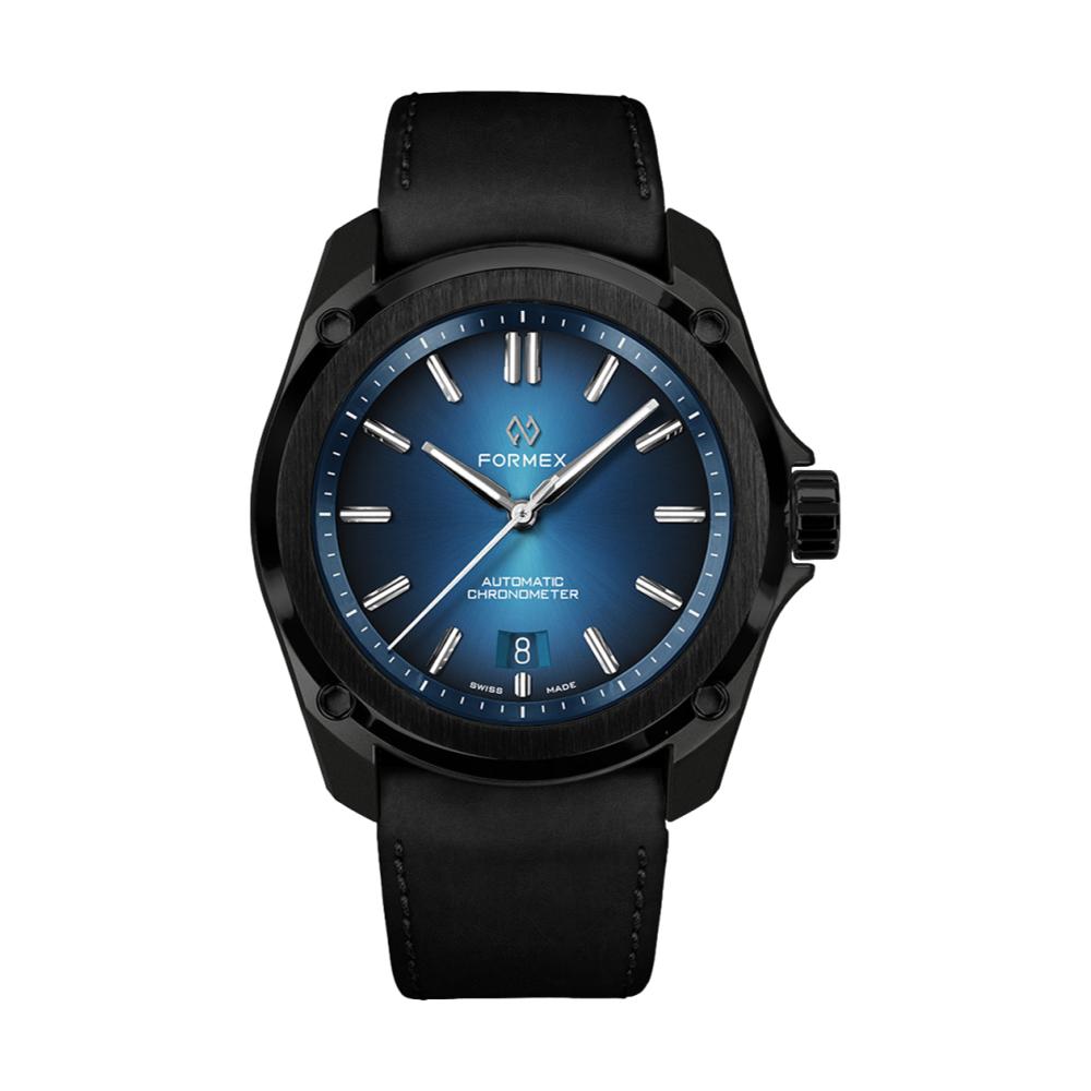 Front view of Formex Essence Leggera 41mm automatic chronometer with electric blue dial and black case on black leather strap