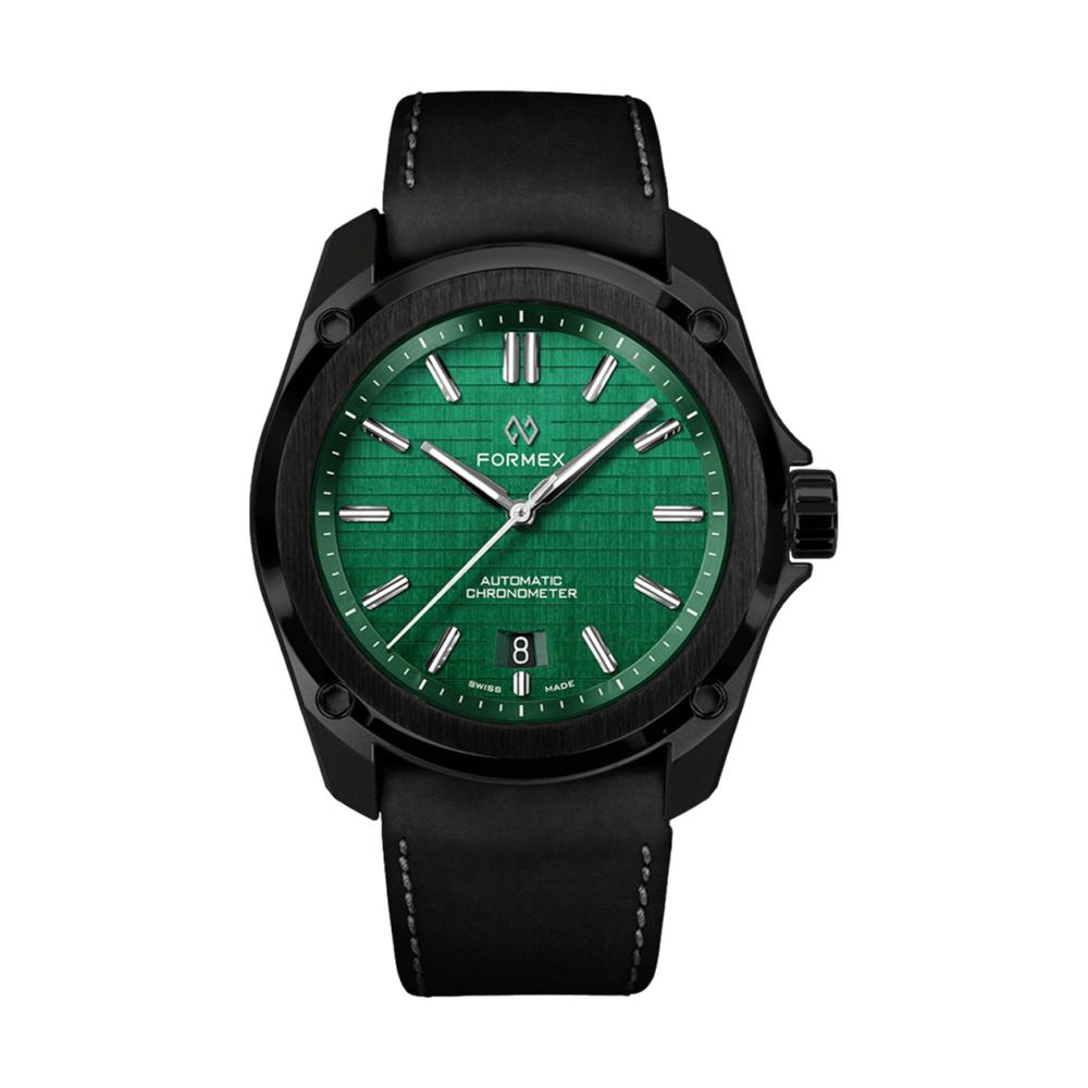 Essence Leggera green dial automatic chronometer with black case and black leather strap with white stitching