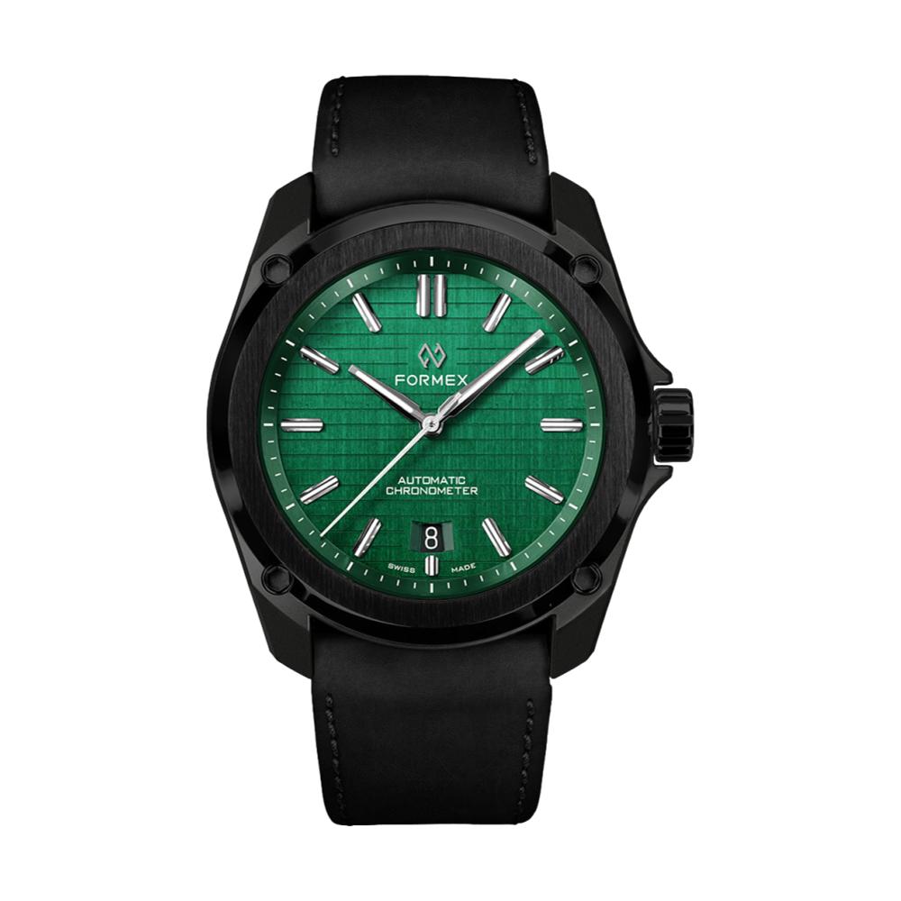 Essence Leggera green dial automatic chronometer with black case and black leather strap
