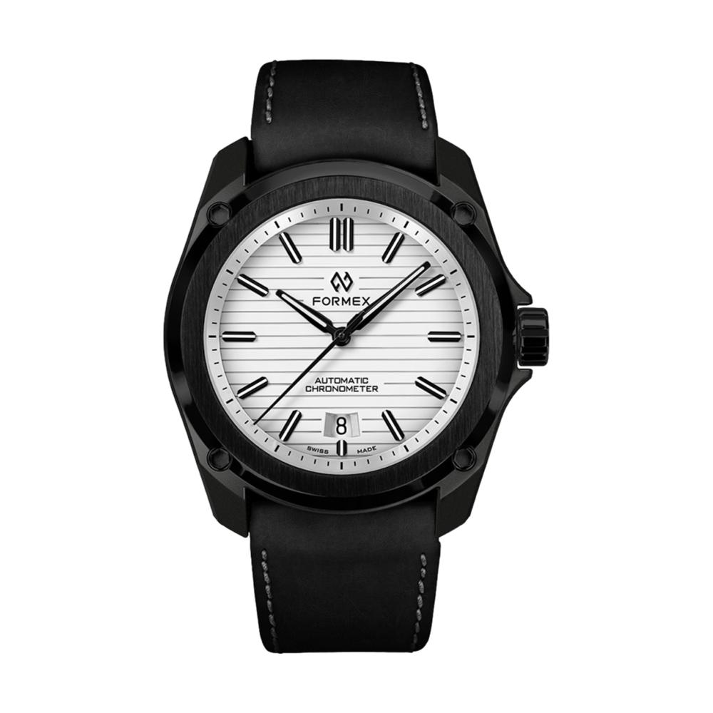 Formex Essence Leggera Artic White 41mm automatic chronometer with white dial, black case and black leather strap