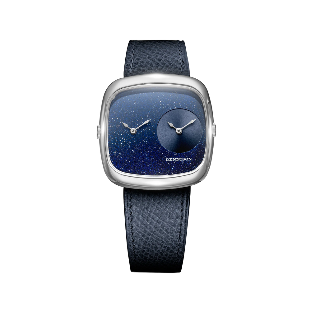 Dual time watch with aventurine blue starry dial and a blue sunray subdial in a steel case on blue leather strap