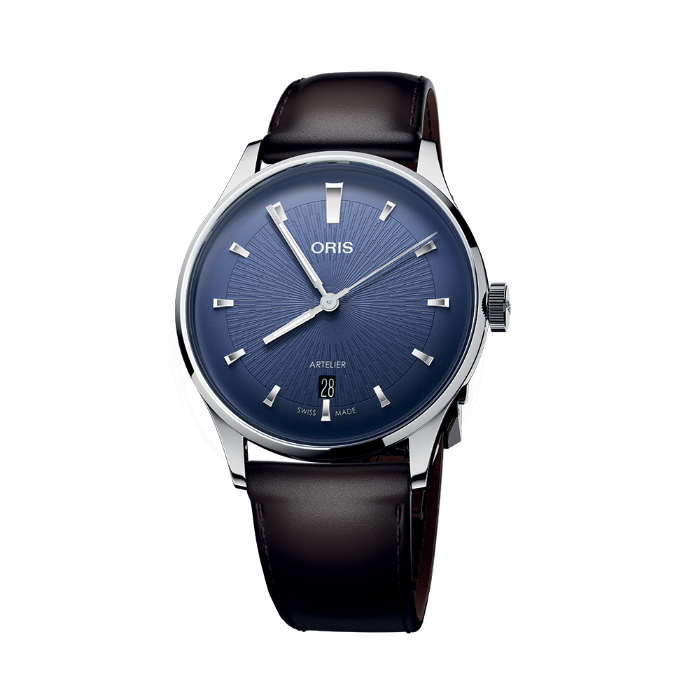 Oris Artelier Date 38mm wristwatch with blue dial on black leather strap