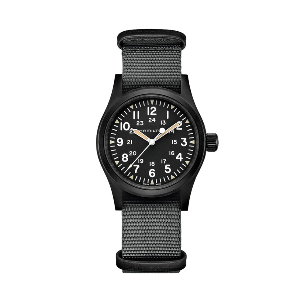 Khaki Field Mechanical Black PVD 38mm - Black on One-Piece Textile Strap