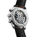 Rear view of Longines Spirit Pilot Flyback with exhibition caseback revealing the movement and blue screws on a black leather strap.