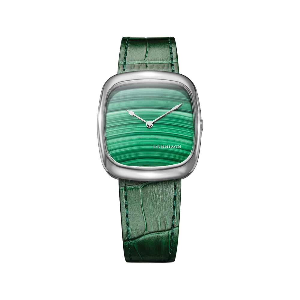 Natural malachite dial watch in a steel 37mm case with green leather strap