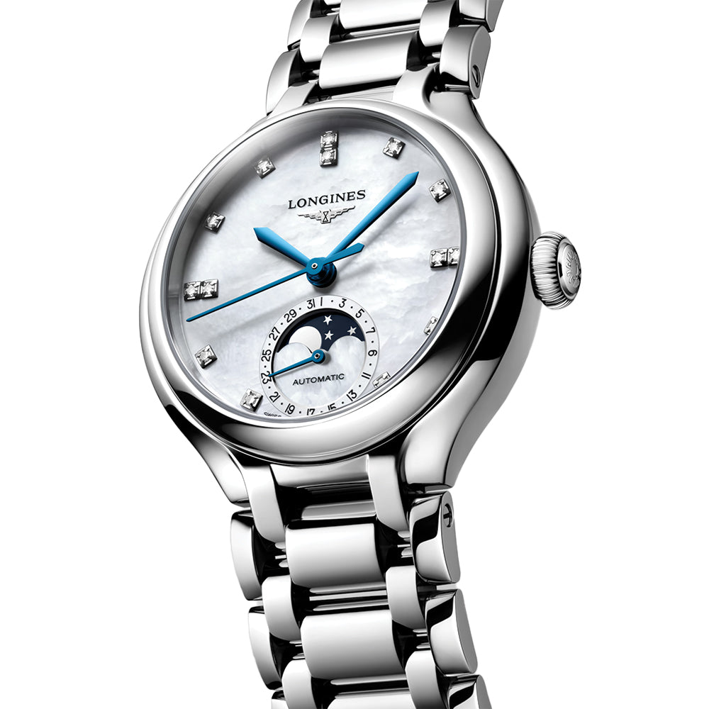 PrimaLuna Moonphase with Diamonds 34mm - White Mother-of-Pearl on Bracelet