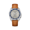 Elevation 39mm watch with grey dial on tan leather strap.