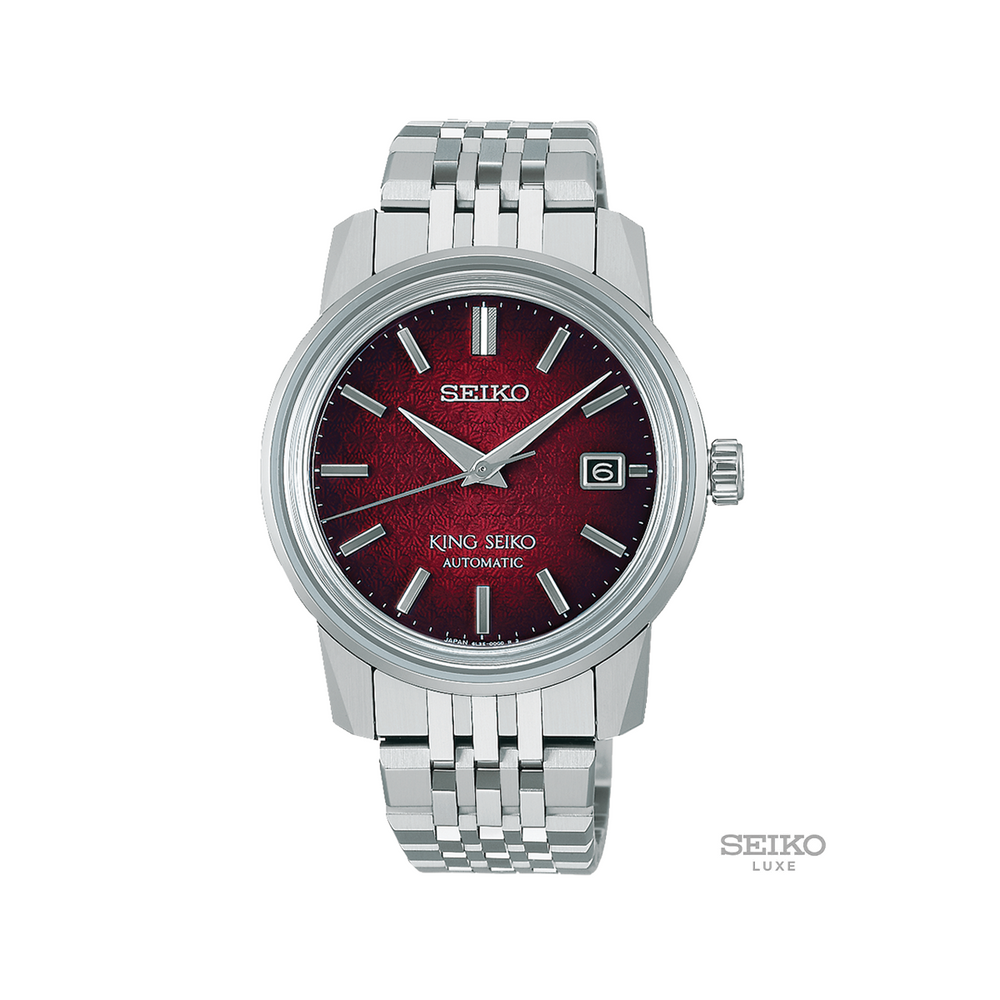 King Seiko SJE103 38.6mm watch with red dial on stainless steel bracelet
