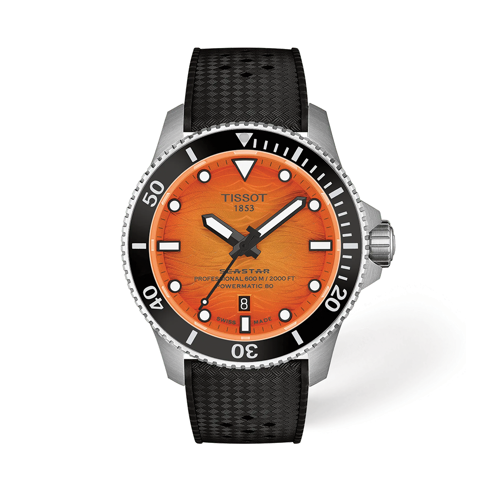 Tissot Seastar orange dial diver's watch with black bezel and black rubber strap