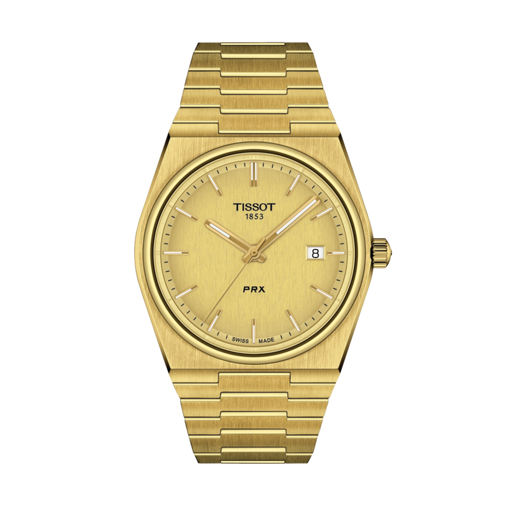 Gold-tone Tissot PRX quartz watch with integrated bracelet and date window