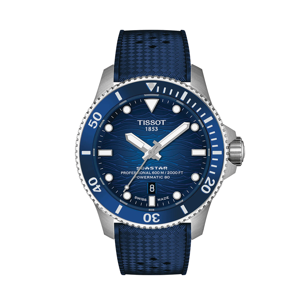 Front view of blue Seastar 2000 Professional on blue rubber strap with wave dial.
