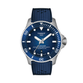 Front view of blue Seastar 2000 Professional on blue rubber strap with wave dial.
