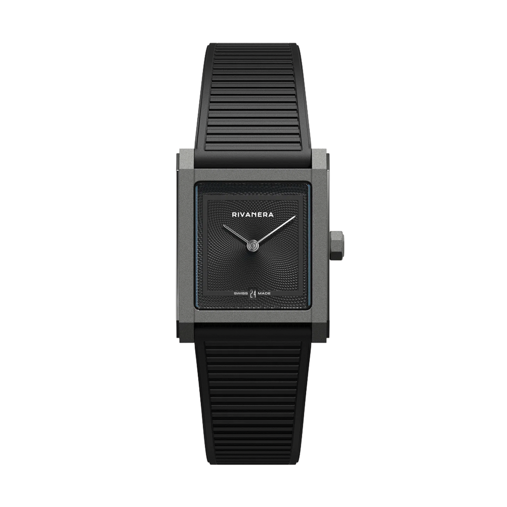 Rivanera Piccolo Guillochè 33mm - Black on Rubber Strap w/ Additional Strap