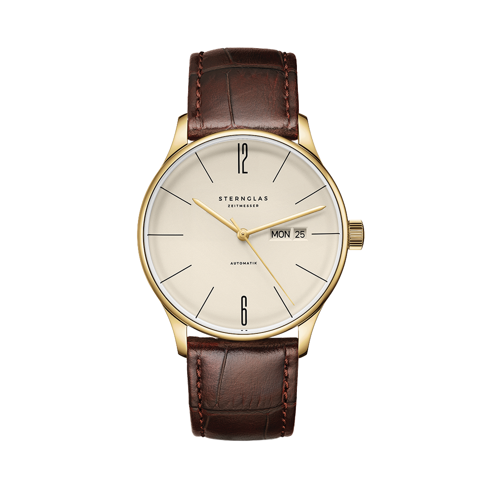 Berlin Automatic gold PVD 38mm watch with sepia dial on brown leather strap