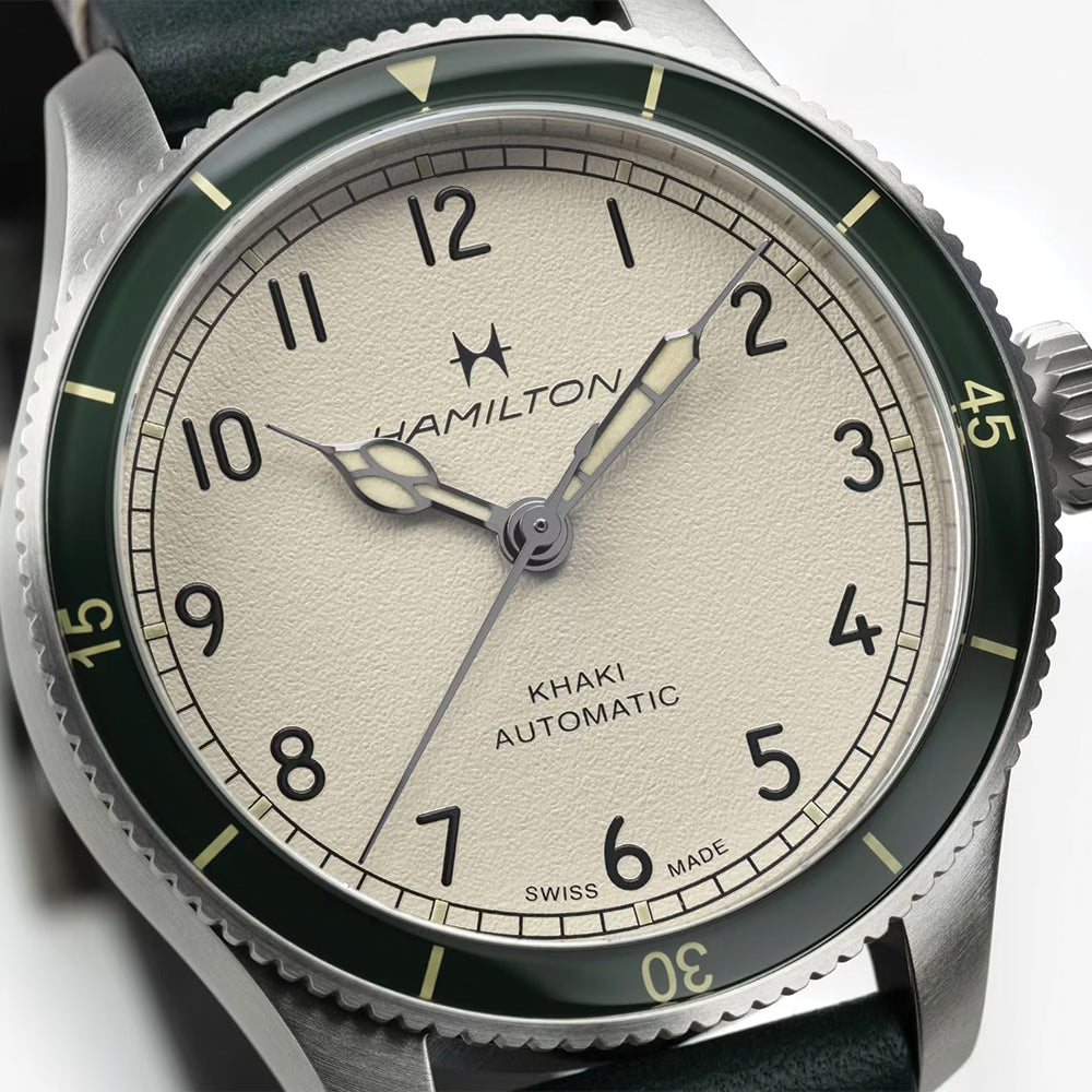 Khaki Aviation Pilot Pioneer Auto 38mm - White on Green Leather Strap