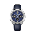 Horizon 41.5mm watch with deep blue dial and silver case on blue leather strap