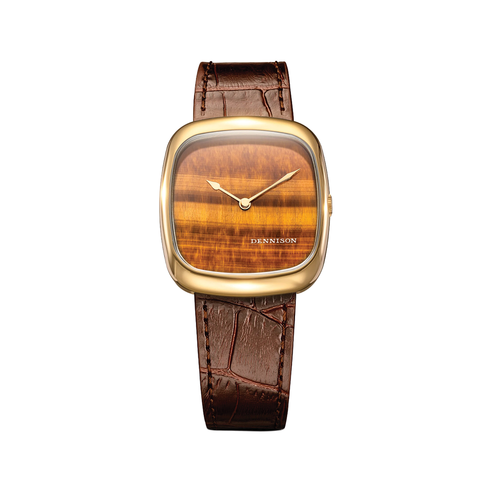 Time only watch with tiger eye dial in gold 37mm on brown leather strap