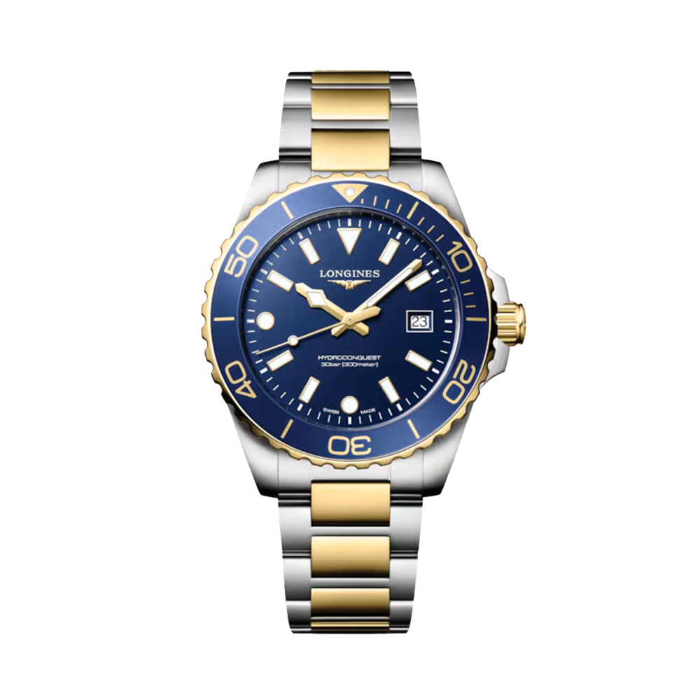 HydroConquest Quartz Yellow PVD Two-Tone 42mm - Blue on Bracelet