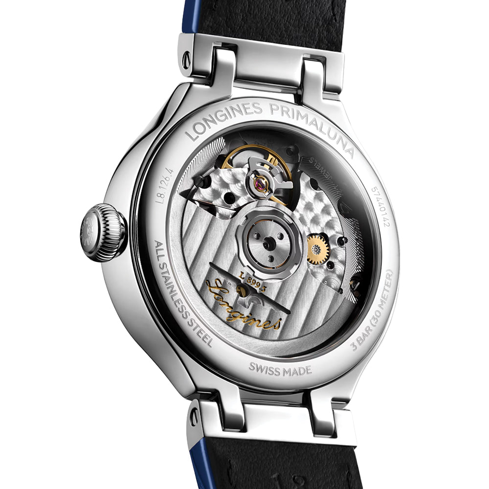 PrimaLuna Moonphase 34mm - Opaline Ivory on Blue Leather Strap