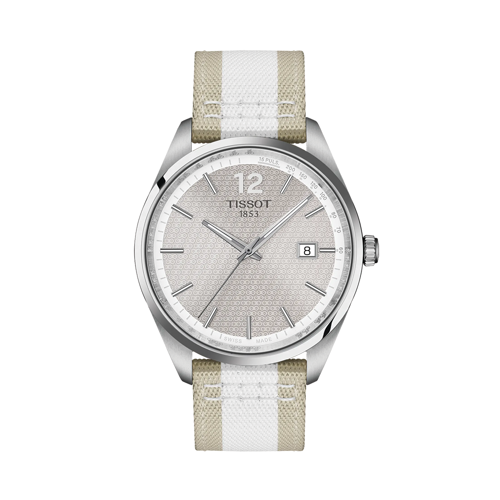 Front view of Tissot PR 100 Cycling 40mm watch with grey dial and beige white striped fabric strap.