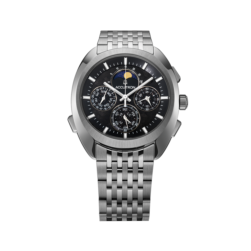 Horizon 41.5mm watch with black dial on stainless steel bracelet, front view